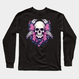 Skull with Birds and Flowers Long Sleeve T-Shirt